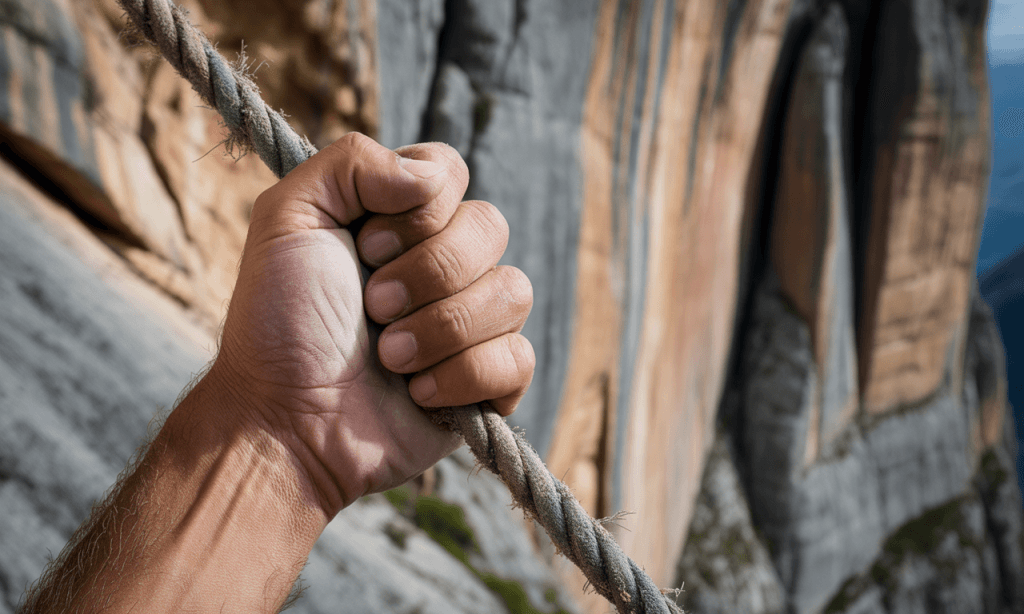 Hand gripping a rope, showing the effort it takes to develop emotional maturity during hard seasons.