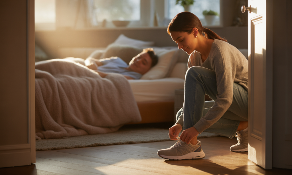 patient leadership shown as one spouse starting a calm morning routine while timelines don’t match