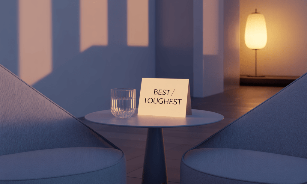 Finished conversation corner where lighting and layout create emotional safety.