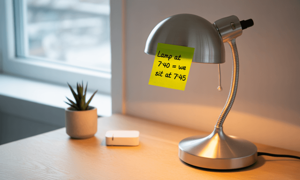 Scheduled lighting that turns a time window into a visible, friendly cue.
