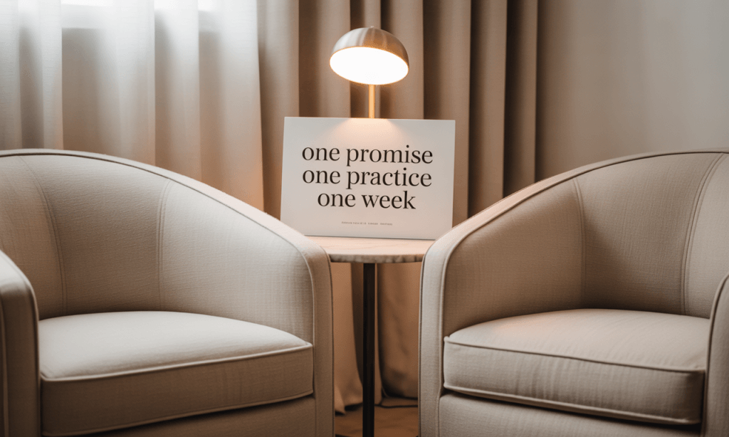 Conversation nook staged for insight to action marriage with a visible micro-contract card.
