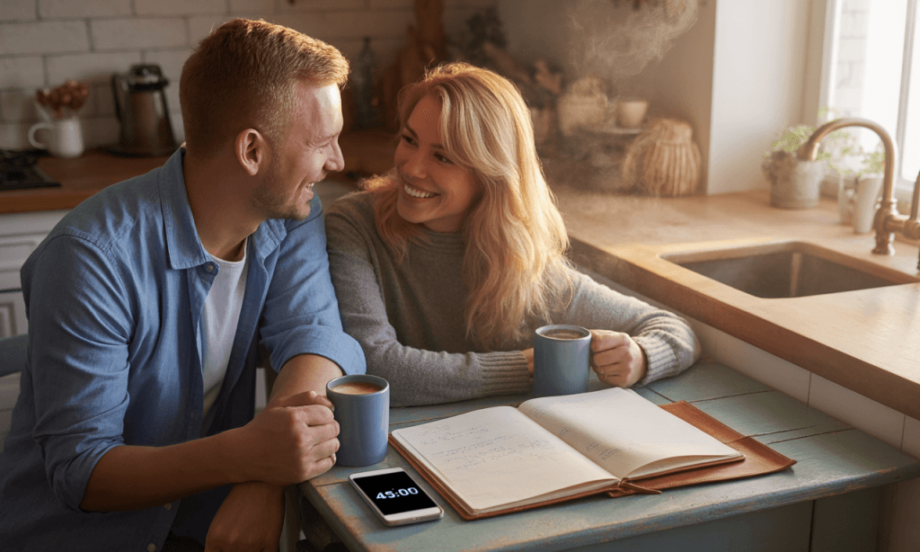 Monthlies That Matter-couple running a 45-minute monthly maintenance meeting with a simple notebook and timer.