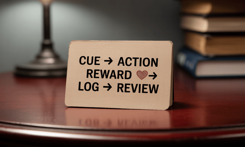 Simple process card illustrating the marriage momentum operating system of cues, actions, rewards, and light logging.