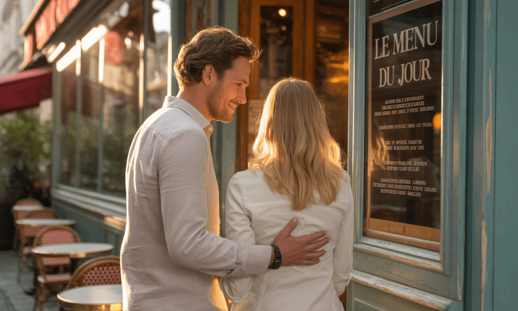 Small Potatoes, Small Choices moment as a couple hesitates before entering a new café