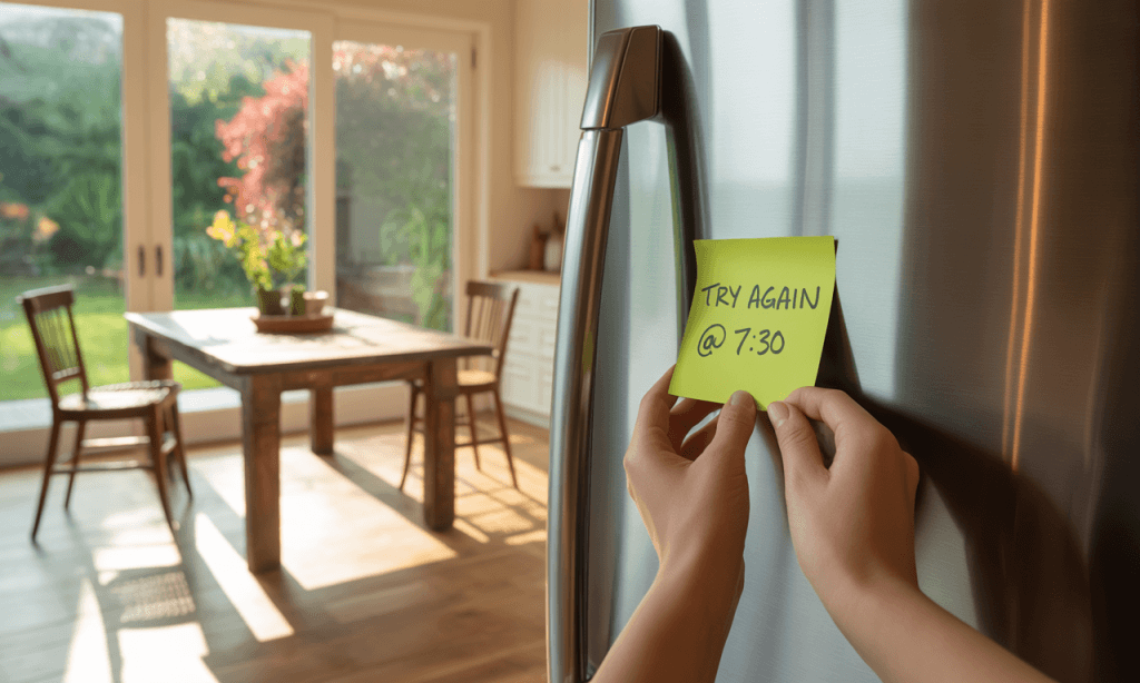 We Learn Fast repair script captured on a sticky note for a quick retry