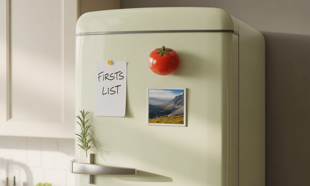 Kitchen fridge displays a firsts list and reminders that reinforce designed confidence dail
