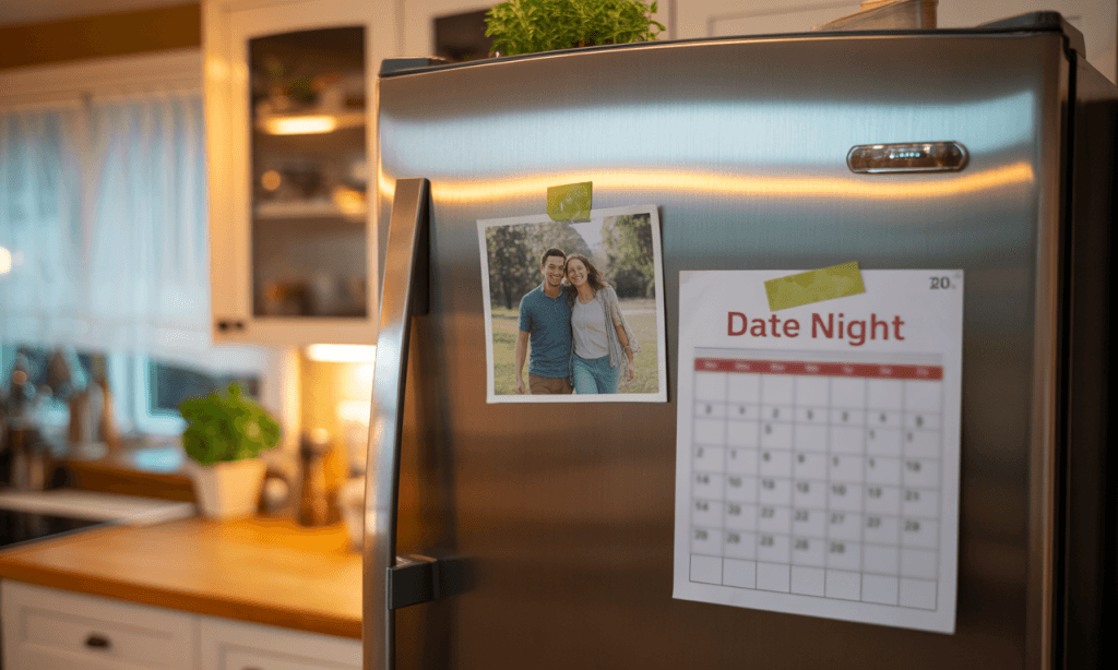 Visible proofs-photo and recurring date-anchor the couple’s new identity in daily life