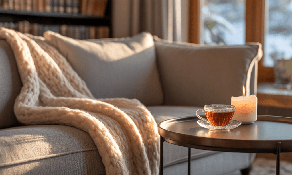 Smallest possible newness-candle, blanket, and one sip as a complete gentle first