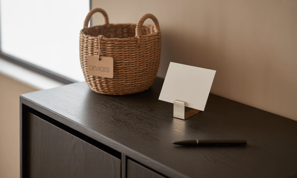 Arrival station that reduces friction from phones and adds thrust toward a calm start.