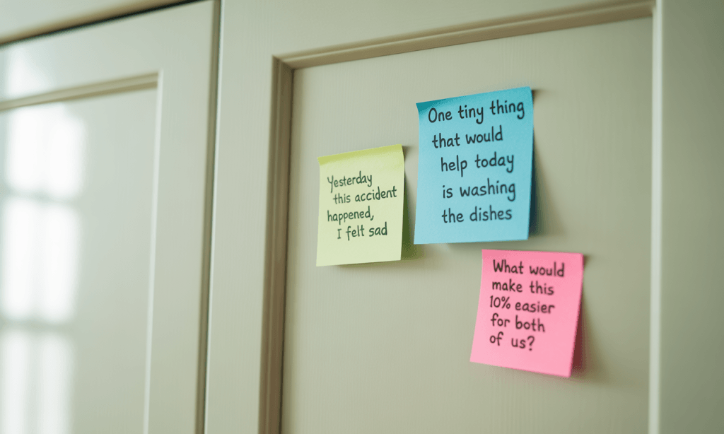 Learning-first mindset phrases replacing blame language on sticky notes
