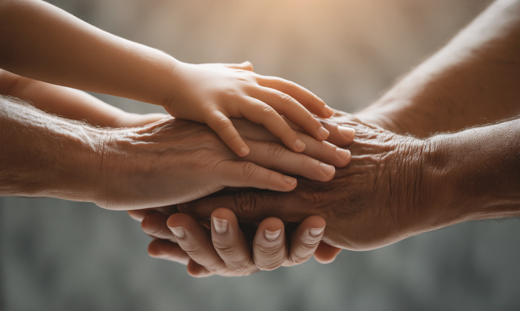 hands of grandparents, parents, and child stacked together showing layered family authority structure