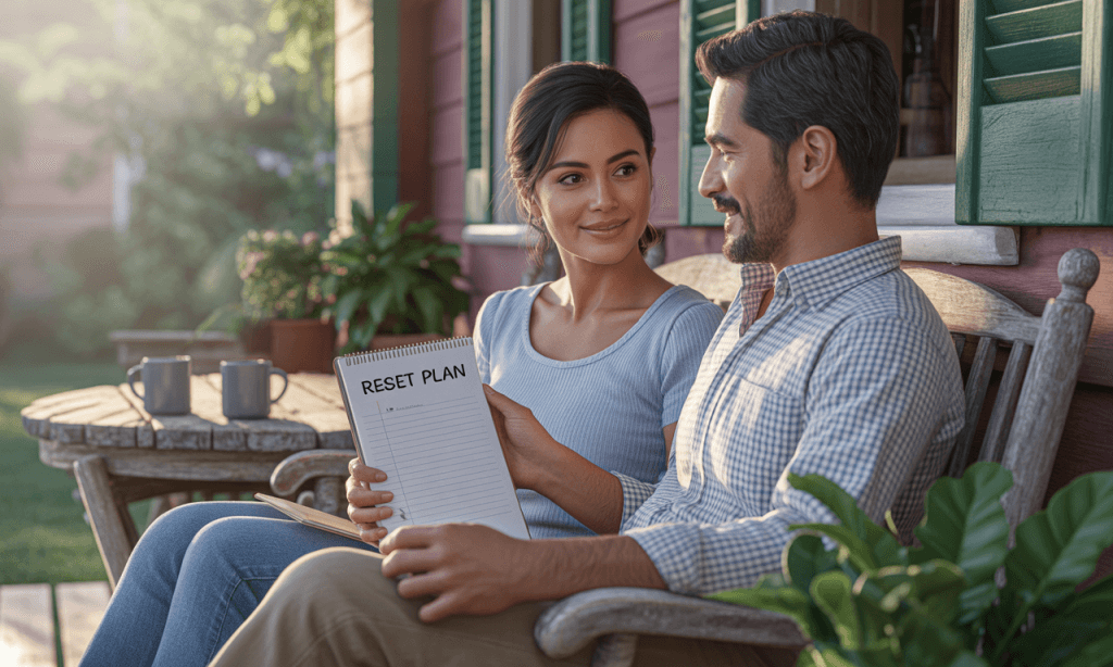 adults having a calm conversation on a porch reviewing a simple reset plan
