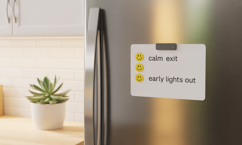 simple fridge checklist tracking calm exits and consistent bedtimes