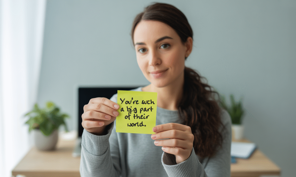 hand holding sticky note listing positive communication phrases to build family bridges