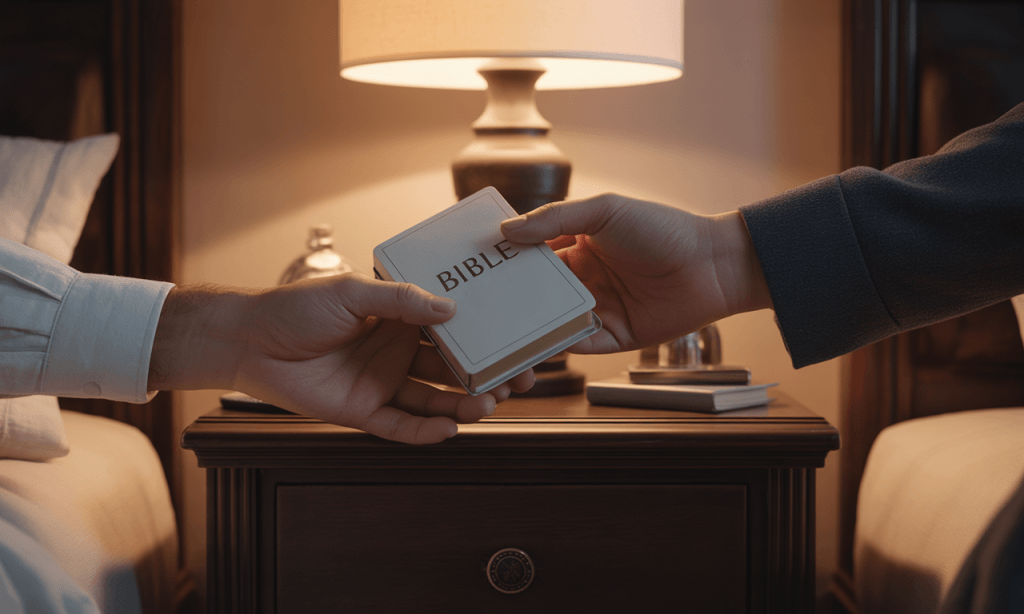 Couple holding a small book with shared values, representing faith or meaning connected to habits.