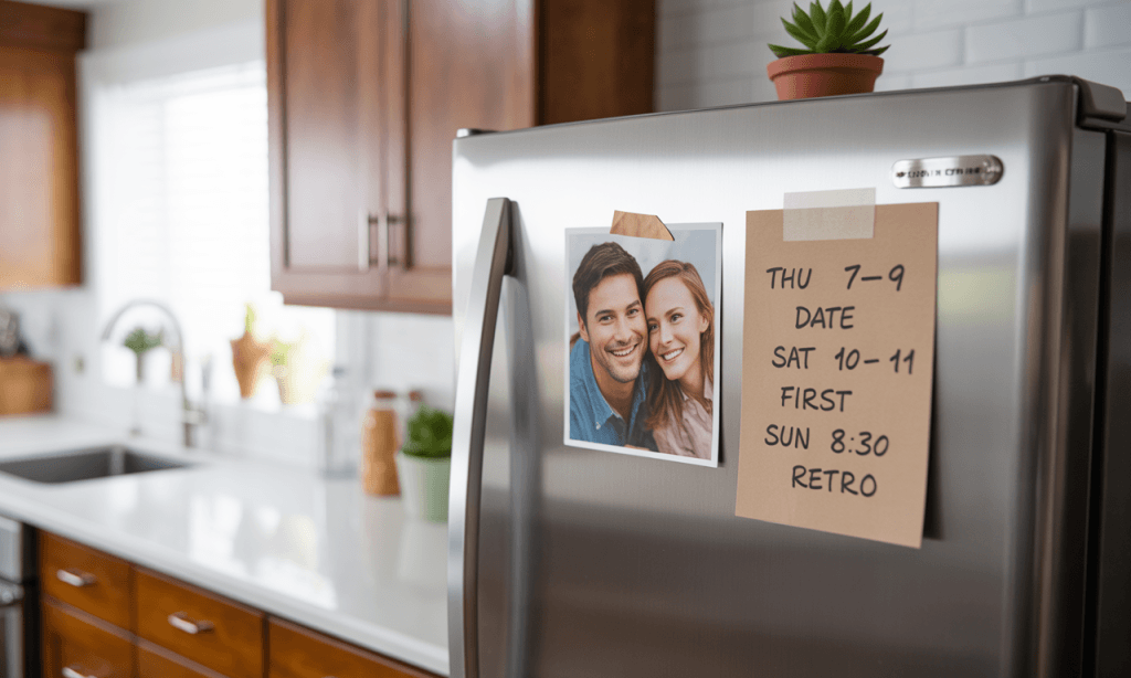 Fridge card with the three anchors posted beside a couple photo to reinforce the new identity