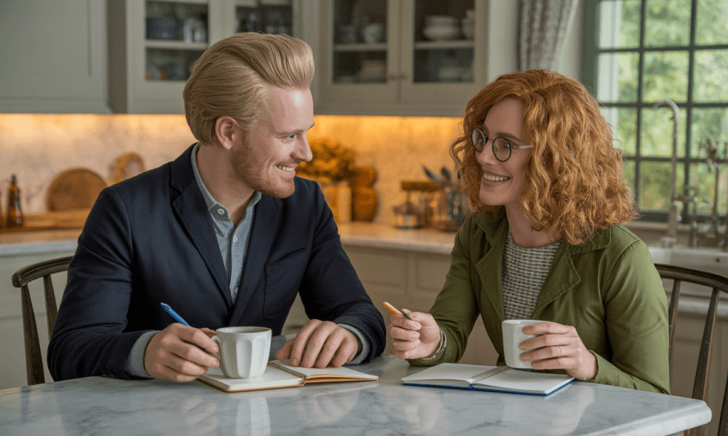couple doing a five-minute habit audit together with coffee and notebooks to improve marriage connection