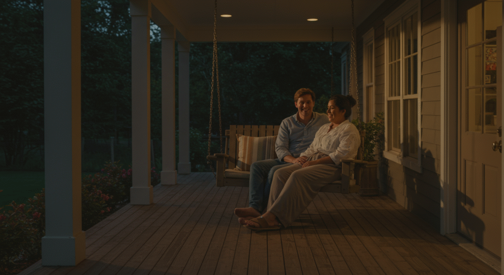 Married couple relaxing device-free, showing the peace that comes from patient leadership.