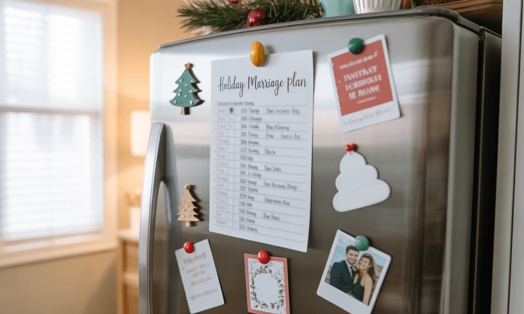 Couple’s one-page 90-day holiday stress-proof plan displayed in their kitchen.