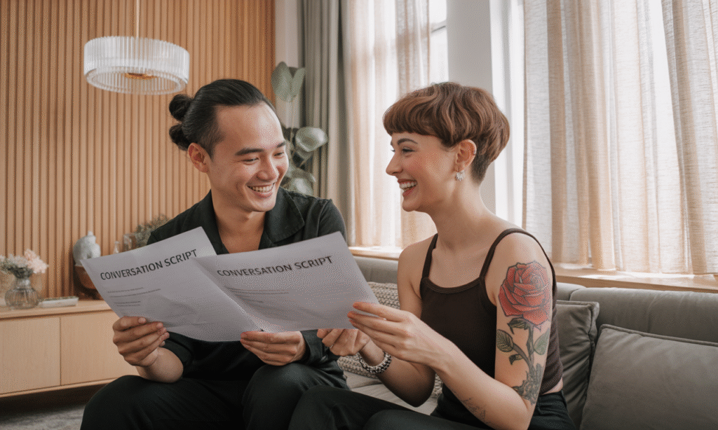 couple practicing family boundary talk script together on couch smiling
