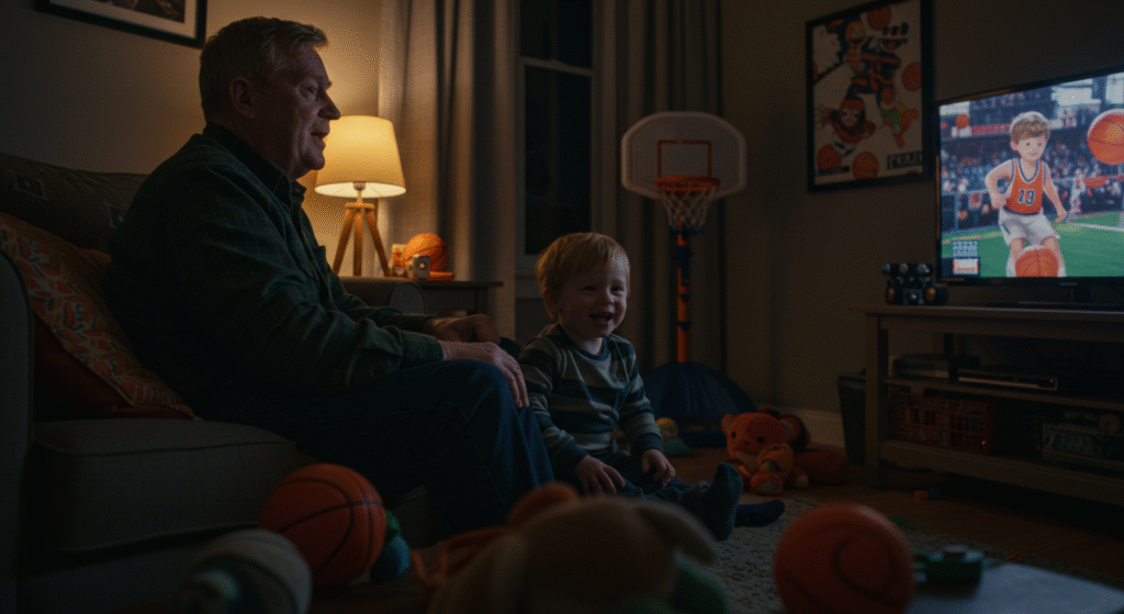 grandparent and child watching an age-appropriate cartoon together smiling