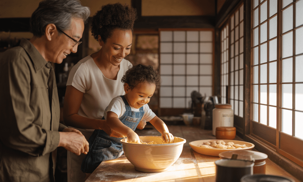 grandparents parents and kids baking cookies together representing shared values activity