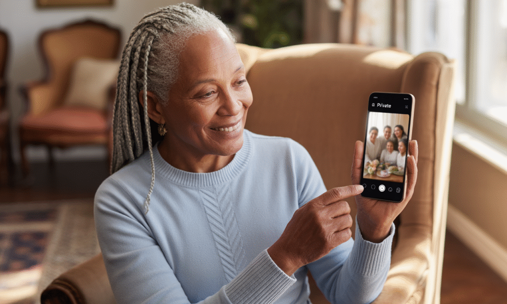 grandparent viewing a family photo marked private on smartphone symbolizing social media boundaries