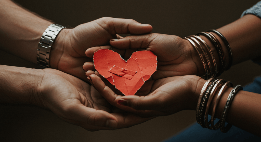 Paper heart repaired symbolizing forgiveness and perspective through the memory bank.