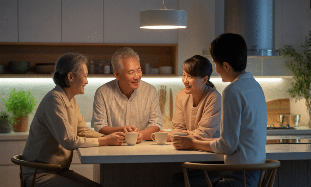 parents and grandparents debriefing privately after bedtime to maintain unified authority