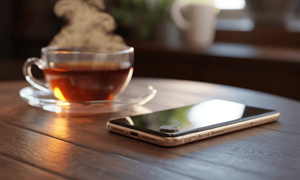 phone on table with tea symbolizing patience before reacting