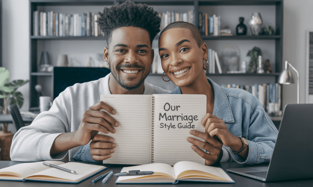 Couple creating their marriage style guide together to define rhythms, tone, and shared connection rituals.