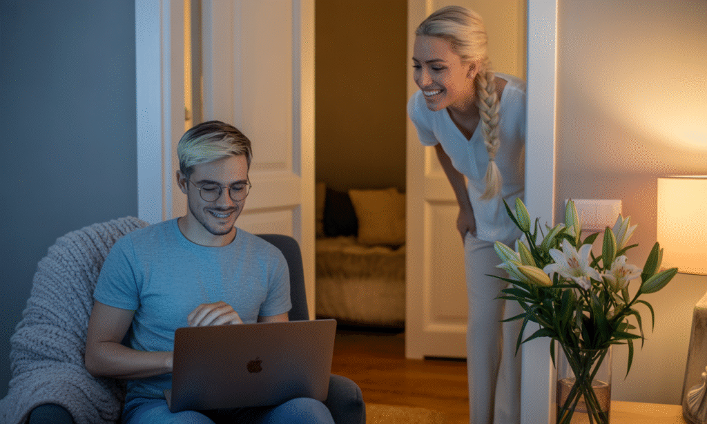 Husband closing laptop to give full attention to wife, demonstrating quiet leadership through presence.