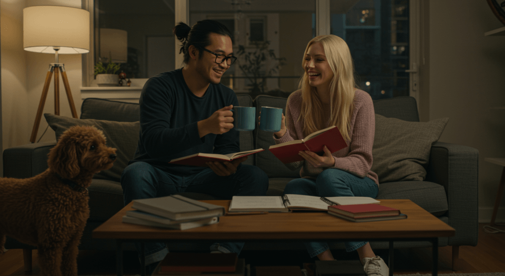 couple finishing their weekly audit feeling closer and optimistic