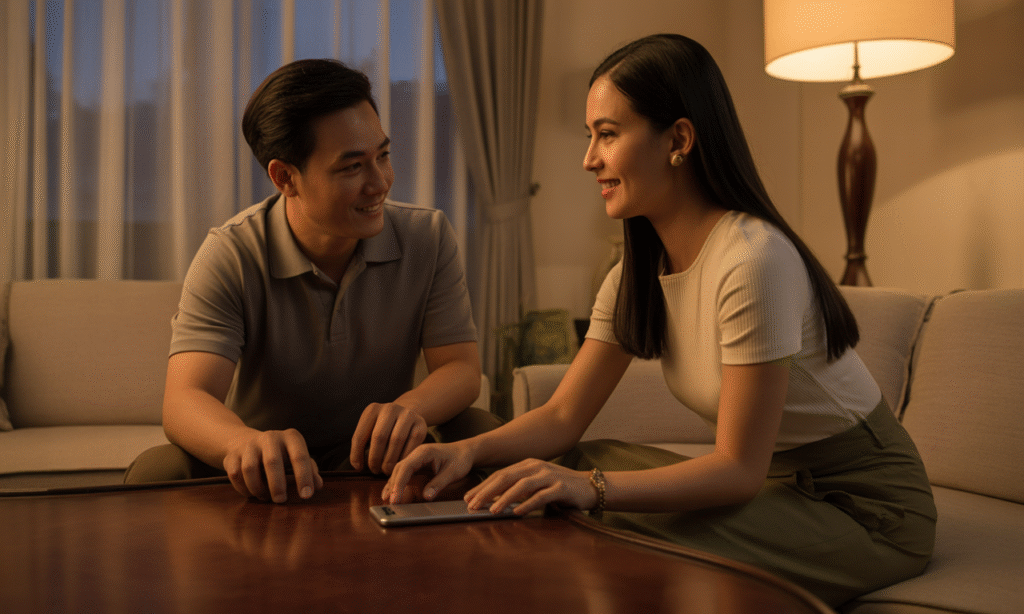 Husband setting phone aside while smiling toward wife, showing gentle digital boundary without tension.