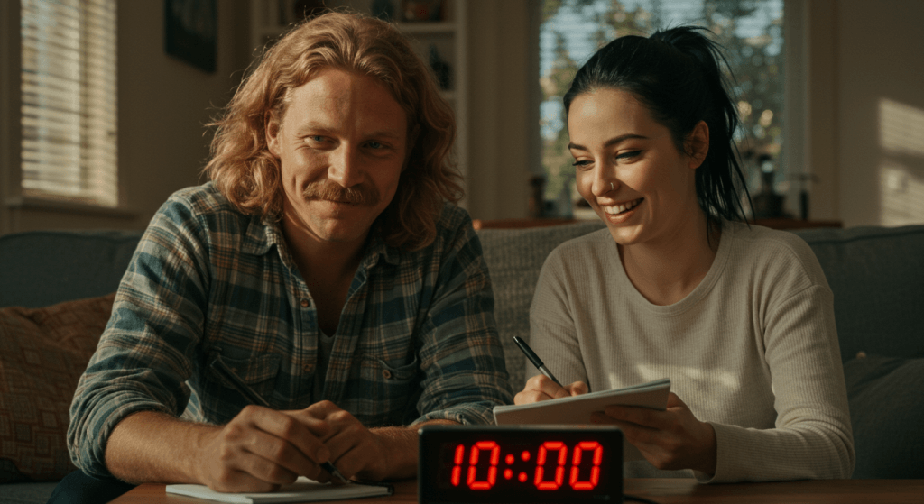 couple doing a timed 10-minute check-in with a visible timer