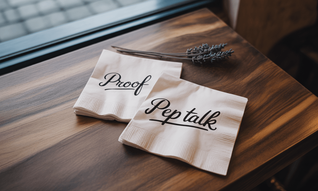 Café napkins reminding couples that proof beats pep talks for Date Night Is a Decision