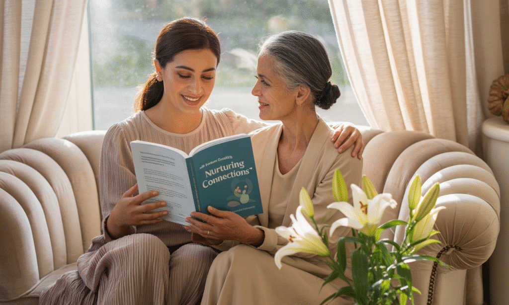 parent and grandparent sharing a laugh while looking at a parenting guide, symbolizing respectful generational learning