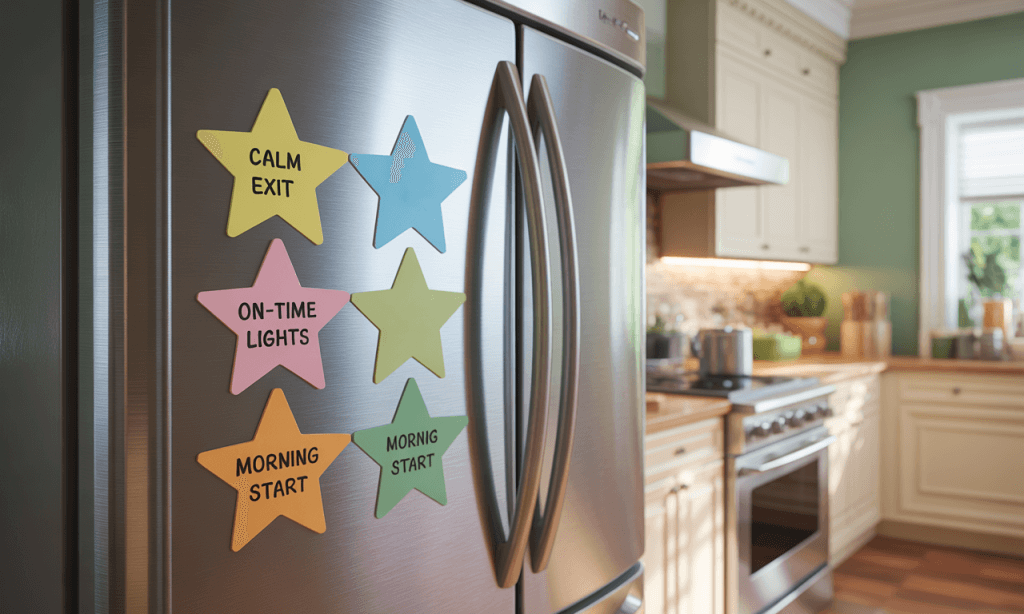 sticker chart on a refrigerator marking routine wins to keep family momentum