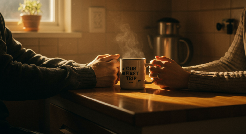 Couple using anchor objects like a travel mug to trigger love and connection in daily life.