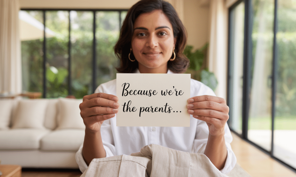 parent holding notecard that reads “Because we’re the parents” to symbolize calm authority