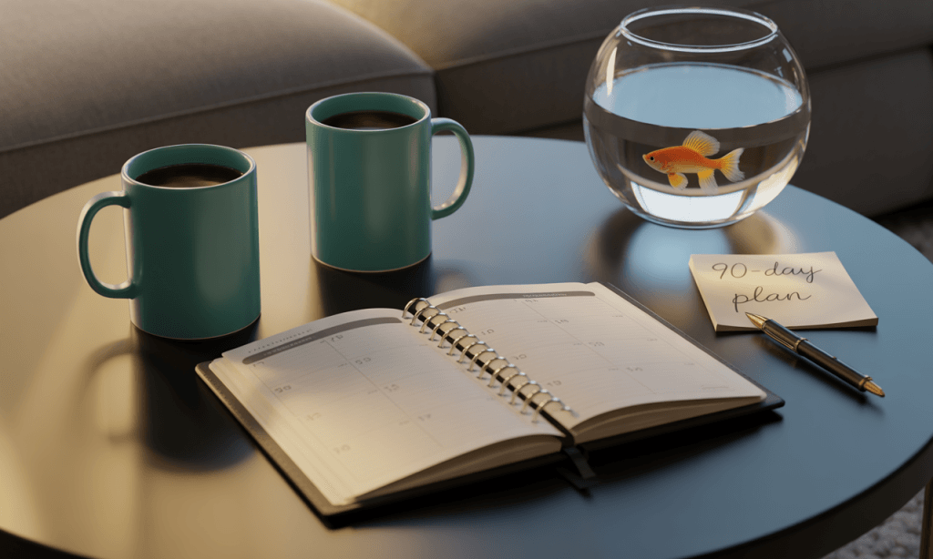Couple reviewing and creating a 90-day marriage growth plan together.