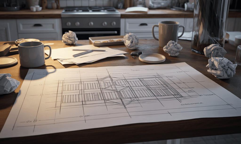 sketch of a plan next to a messy kitchen table representing the two creations: idea and real life