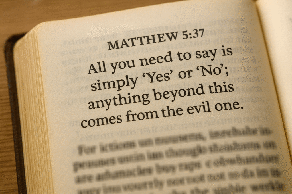 open Bible highlighting verse “Let your Yes be Yes and your No be No” representing spiritual clarity