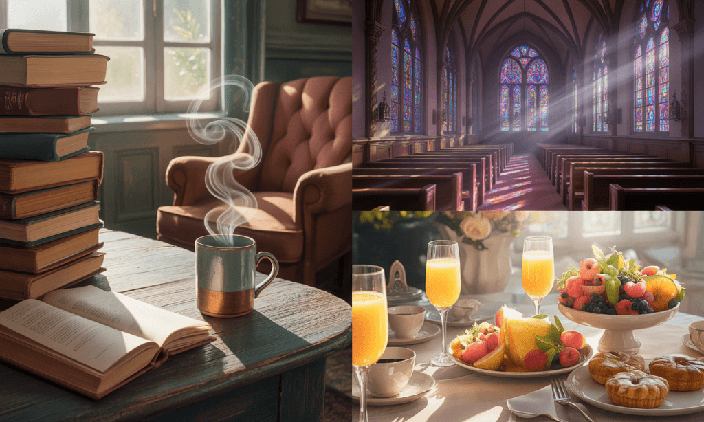 simple illustrations representing book gift, faith service, and family brunch as examples of boundary scenarios