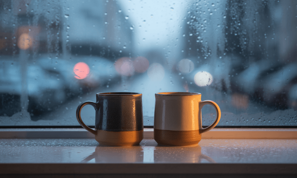 mugs on foggy window ledge symbolizing quiet connection after imperfection
