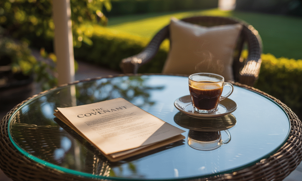porch conversation around a printed family covenant during a calm coffee chat