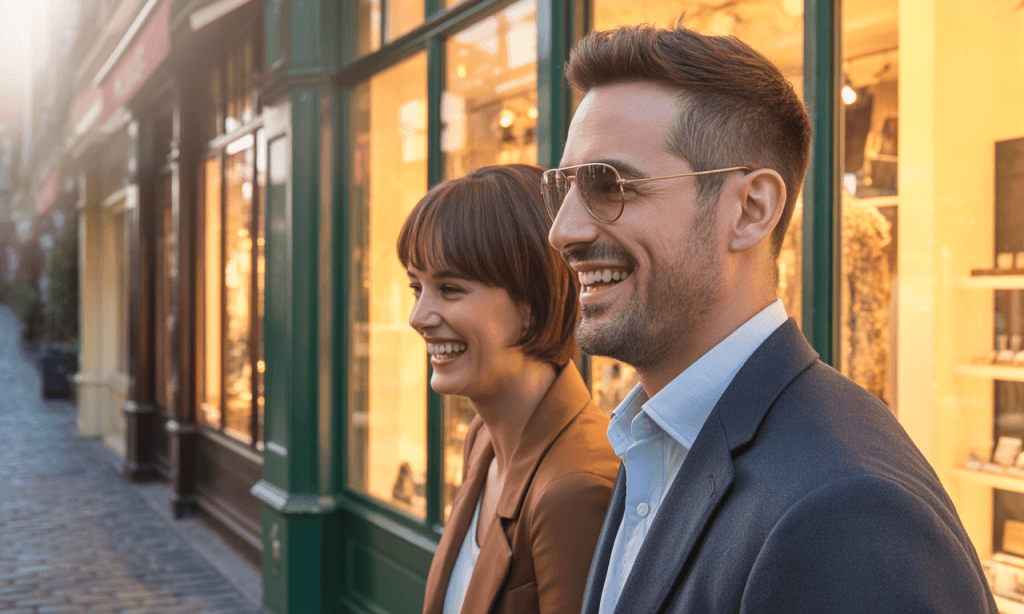 Couple exploring a new neighborhood on their signature wander-date adventure.