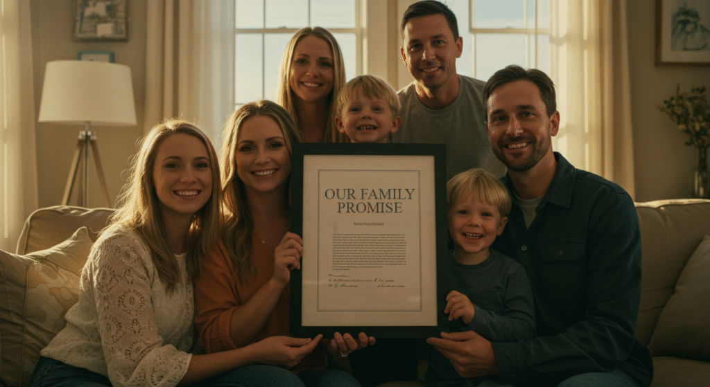 family holding a framed one-page family covenant to share with grandparents