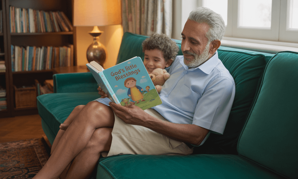 grandparent reading child devotional showing alternative way to share faith positively