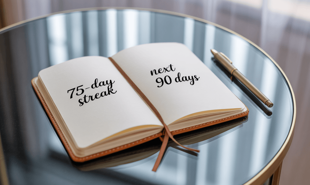 Notebook page showing how a 75-day streak rolls into a 90-day identity reset for continued momentum